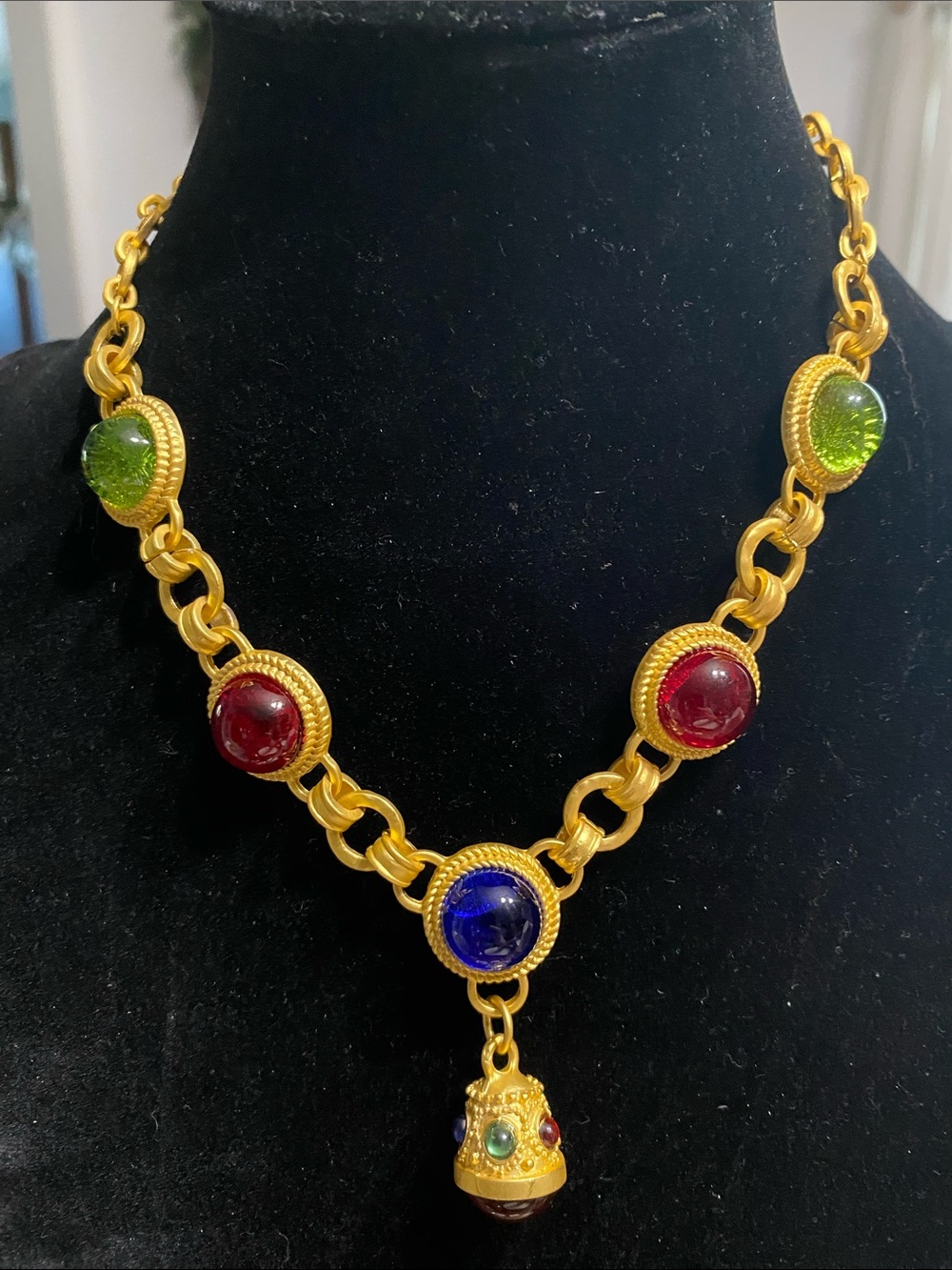 STUNNING Matte Gold Multi-Color Cabochon Necklace with Pendant